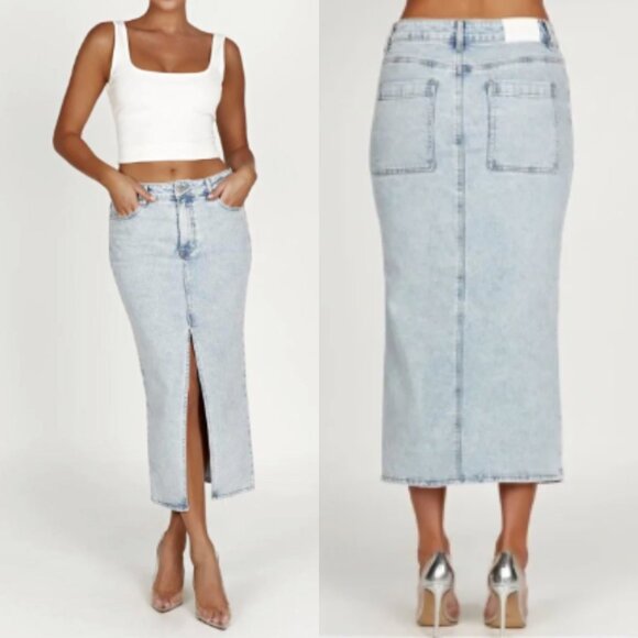 Meshki Light Wash Stretch Denim Midi Skirt w/ High Slit - Picture 1 of 9